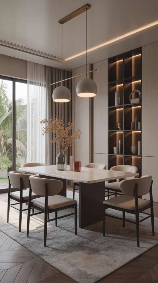 Luxury dining room featuring white marble rectangular table with dual white dome pendant lights and illuminated display cabinet