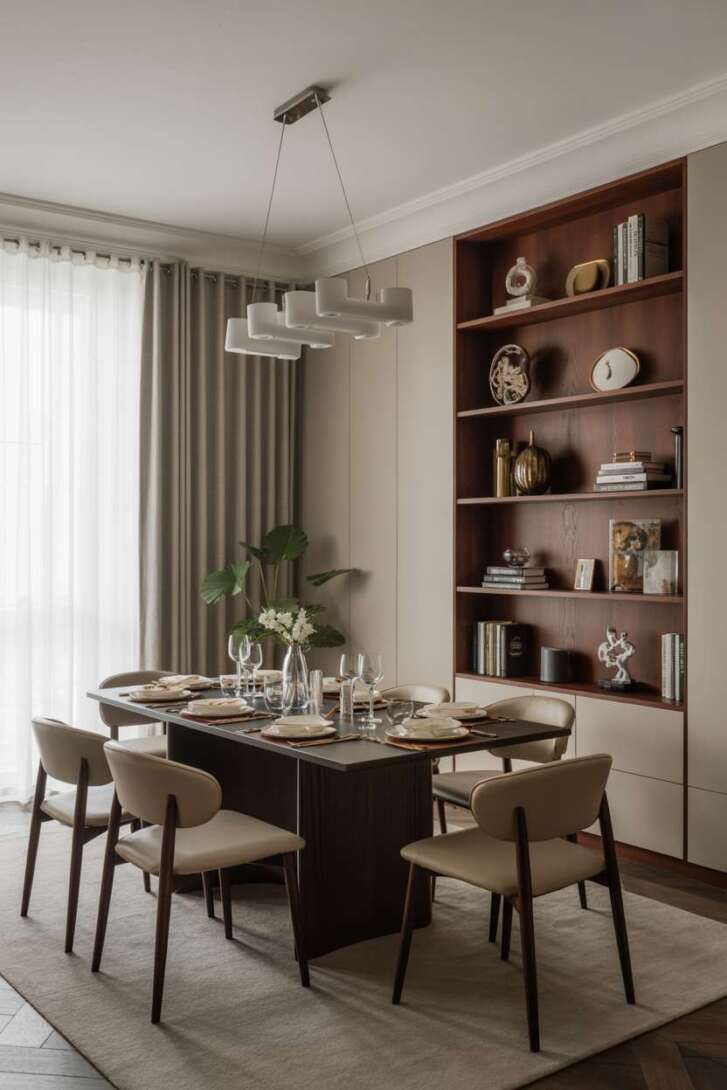 Contemporary dining room with dark wood rectangular table, beige upholstered chairs, and neutral color scheme