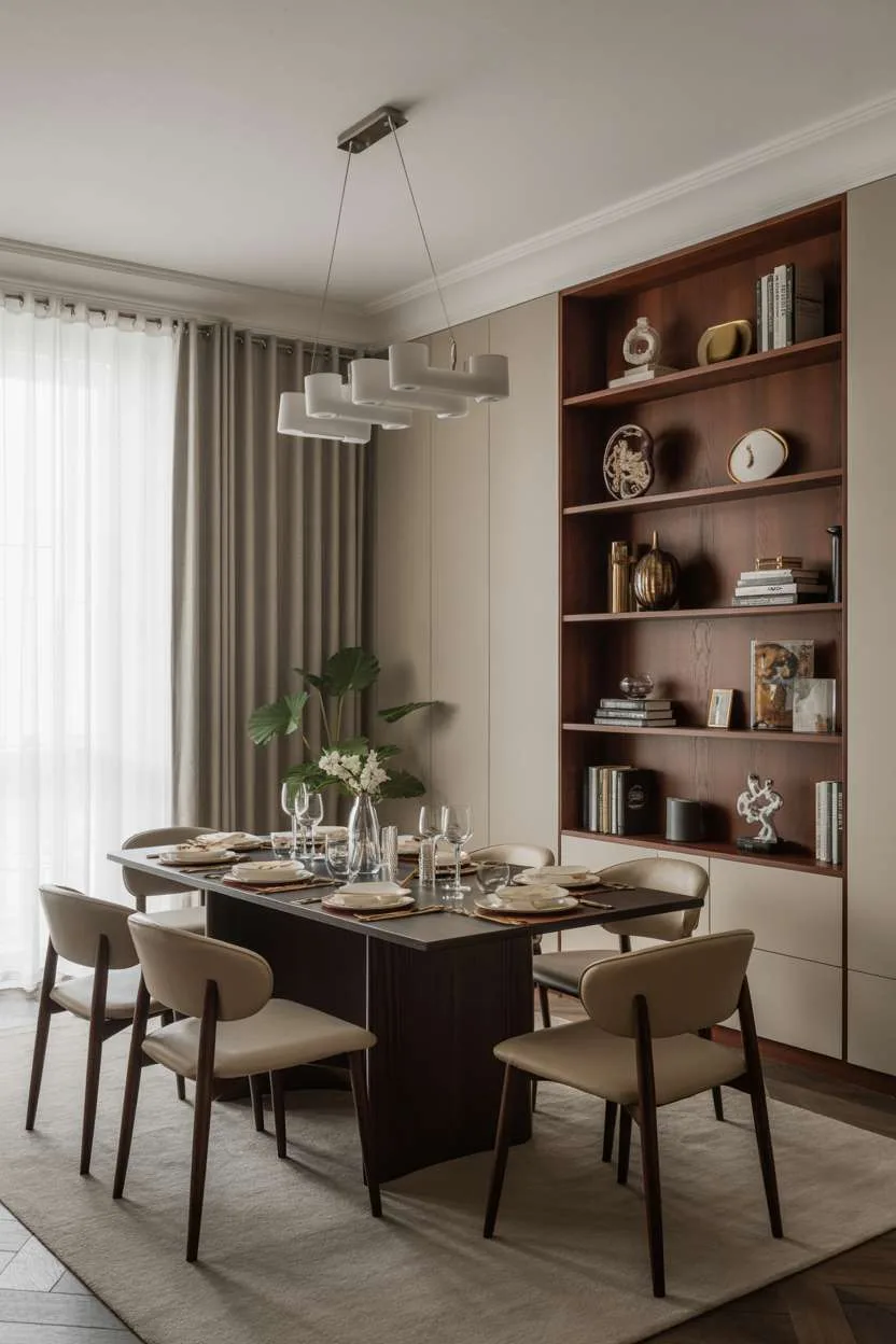 27 Modern Elegant Dining Room Ideas for a Classy Look 16 Contemporary dining room with dark wood rectangular table, beige upholstered chairs, and neutral color scheme