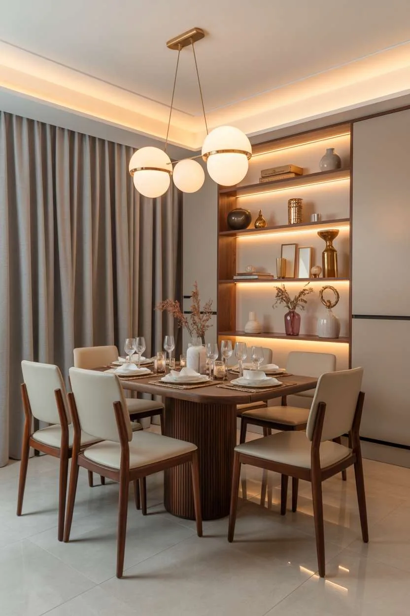 27 Modern Elegant Dining Room Ideas for a Classy Look 18 Luxury dining room with ribbed wooden round table and three large brass-framed spherical globe pendant lights
