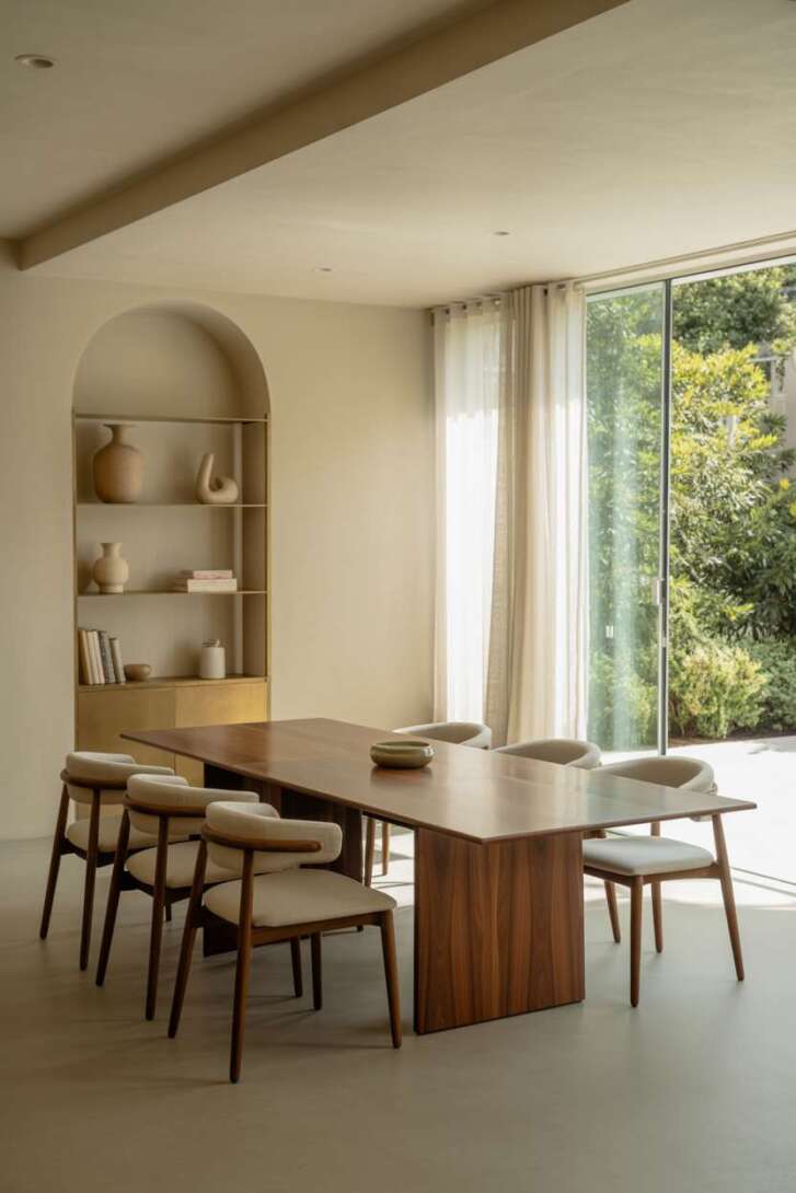 Modern dining room with polished dark walnut table, cream linen upholstered chairs, and built-in storage overlooking lush garden