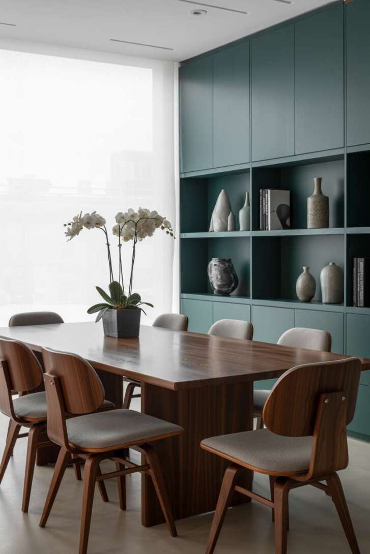 Minimalist dining room featuring walnut table with Eames-style grey chairs and dark teal lacquered built-in storage