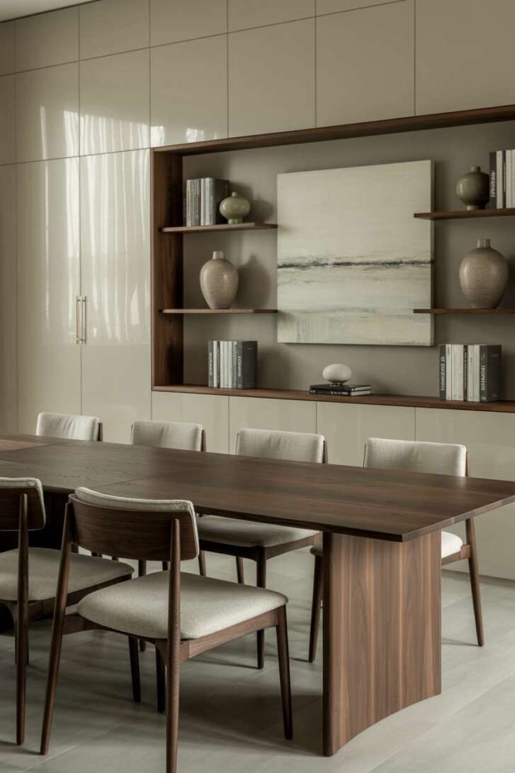 Elegant dining room showcasing walnut table with light grey linen chairs and abstract painting above built-in white storage