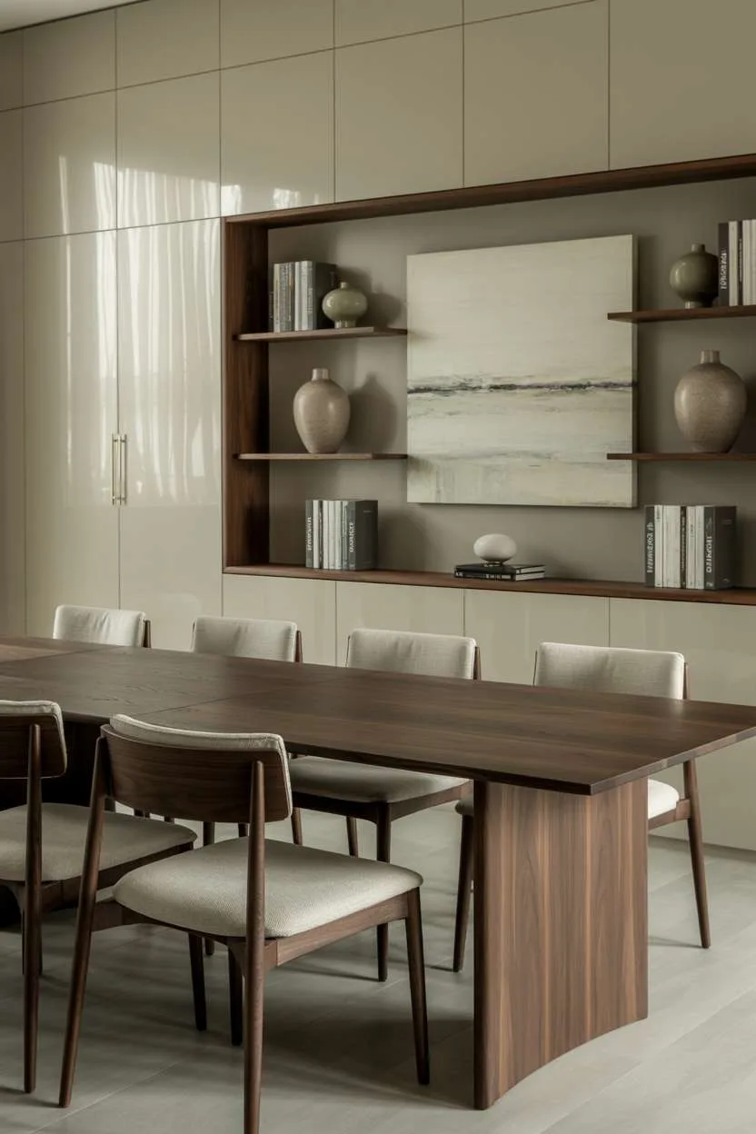 27 Modern Elegant Dining Room Ideas for a Classy Look 23 Elegant dining room showcasing walnut table with light grey linen chairs and abstract painting above built-in white storage