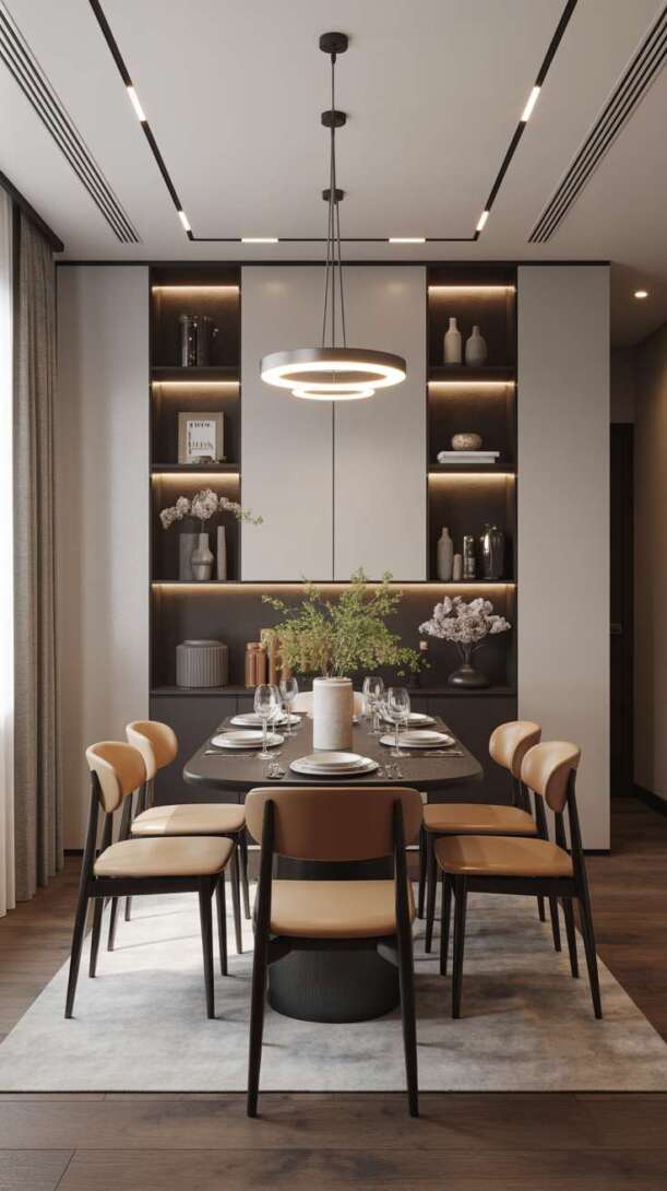 Modern luxury dining room with black round table, tan leather chairs, and contemporary circular LED pendant light