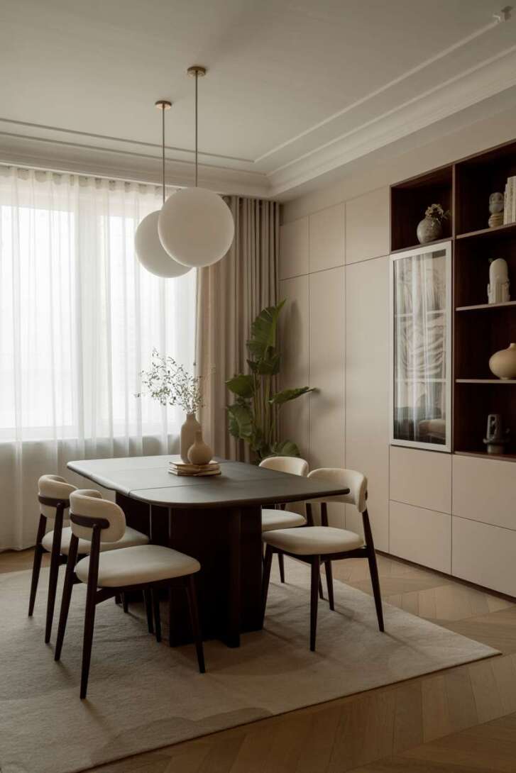 Minimalist dining room with dark wooden table, cream chairs, and two large white spherical pendant lights over herringbone flooring