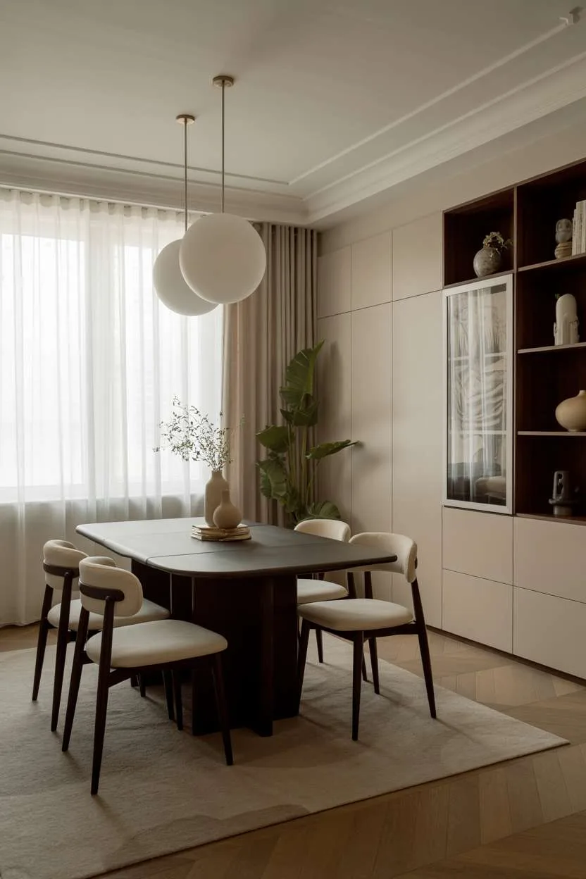 27 Modern Elegant Dining Room Ideas for a Classy Look 25 Minimalist dining room with dark wooden table, cream chairs, and two large white spherical pendant lights over herringbone flooring