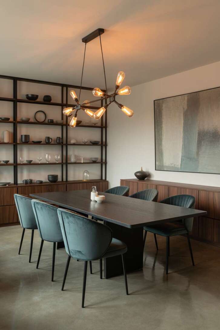 Modern dining room featuring dark wood table with teal velvet chairs and geometric Edison bulb chandelier over polished concrete floor