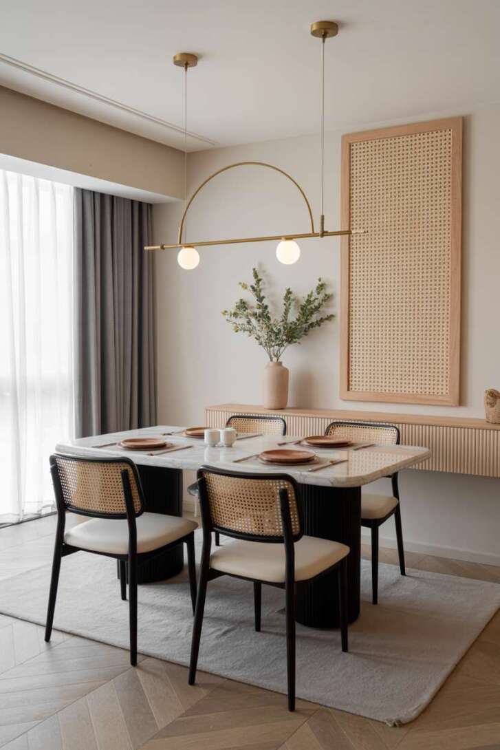 Minimalist dining room with white marble table, cane-backed chairs with brass half-circle pendant light over herringbone wood flooring