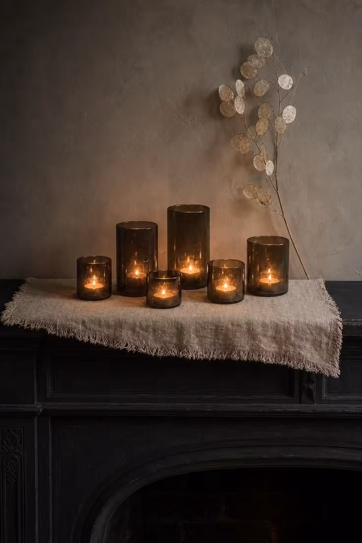 Smoked glass votive holders grouped on a linen mantel scarf in moody low light