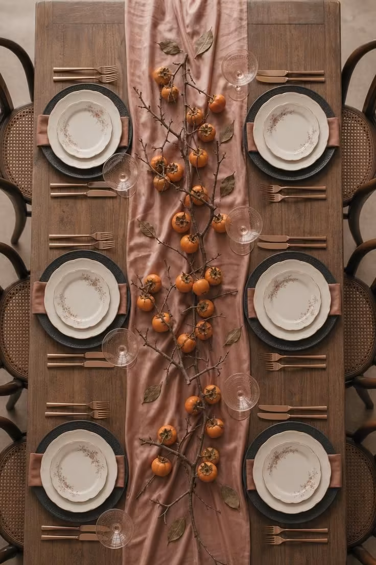 Overhead dinner table with dusty rose silk runner, persimmon branches, and bone china settings