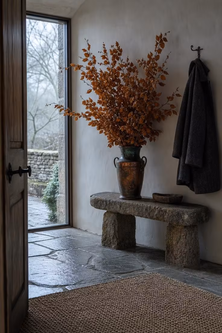 Antique copper urn with preserved beech leaves on a stone entryway table in cool daylight
