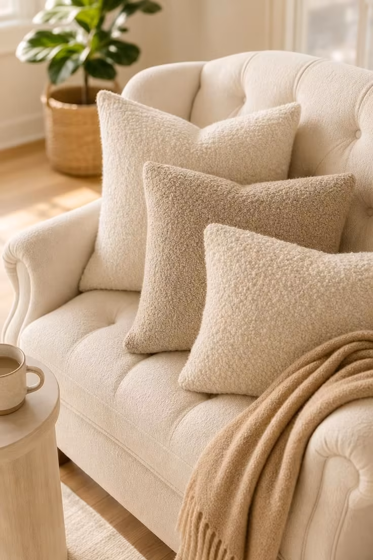 Close-up of ivory boucle cushions and cashmere throw on a tufted settee in bright light