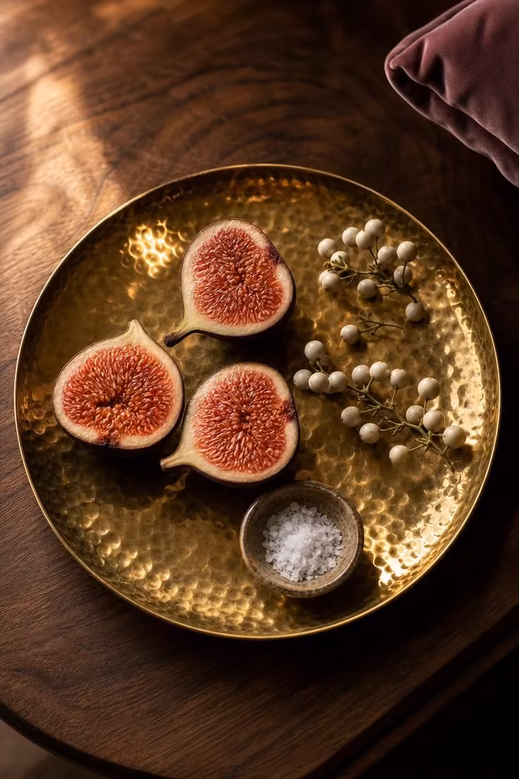 Hammered brass tray with fig halves and tallow berry sprigs on a walnut coffee table