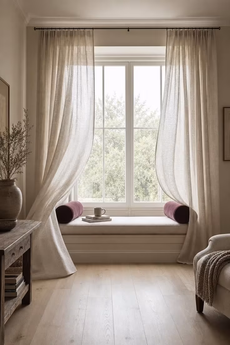 Window seat with plum velvet bolsters framed by sheer linen curtain panels in soft light