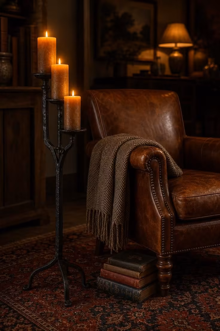 Dark honey pillar candles on a blackened iron stand beside a cognac leather reading chair