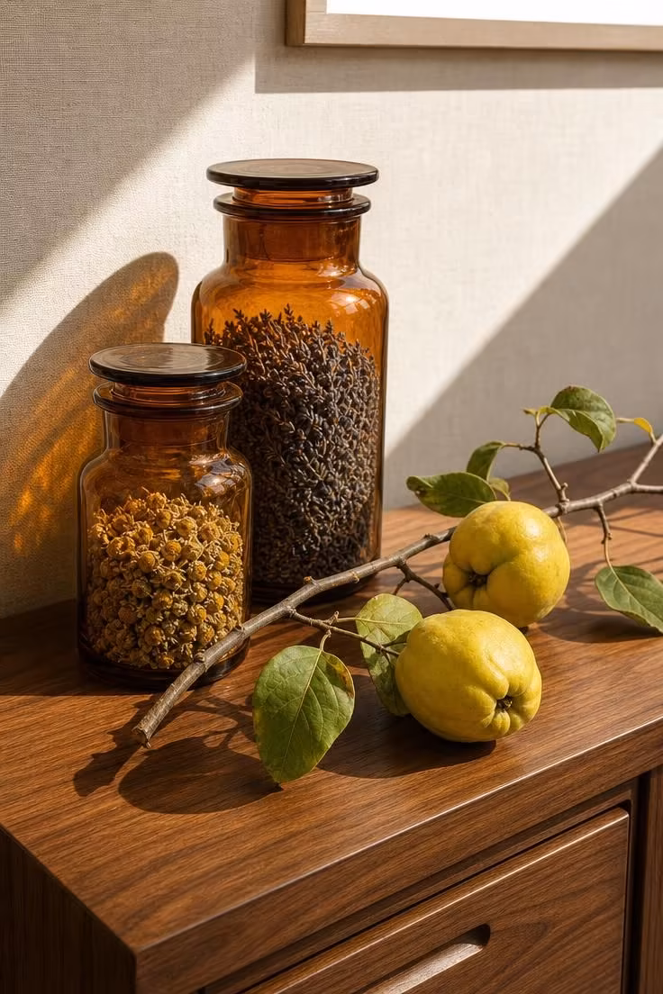 Amber apothecary jars and a quince branch on a polished walnut sideboard in bright light