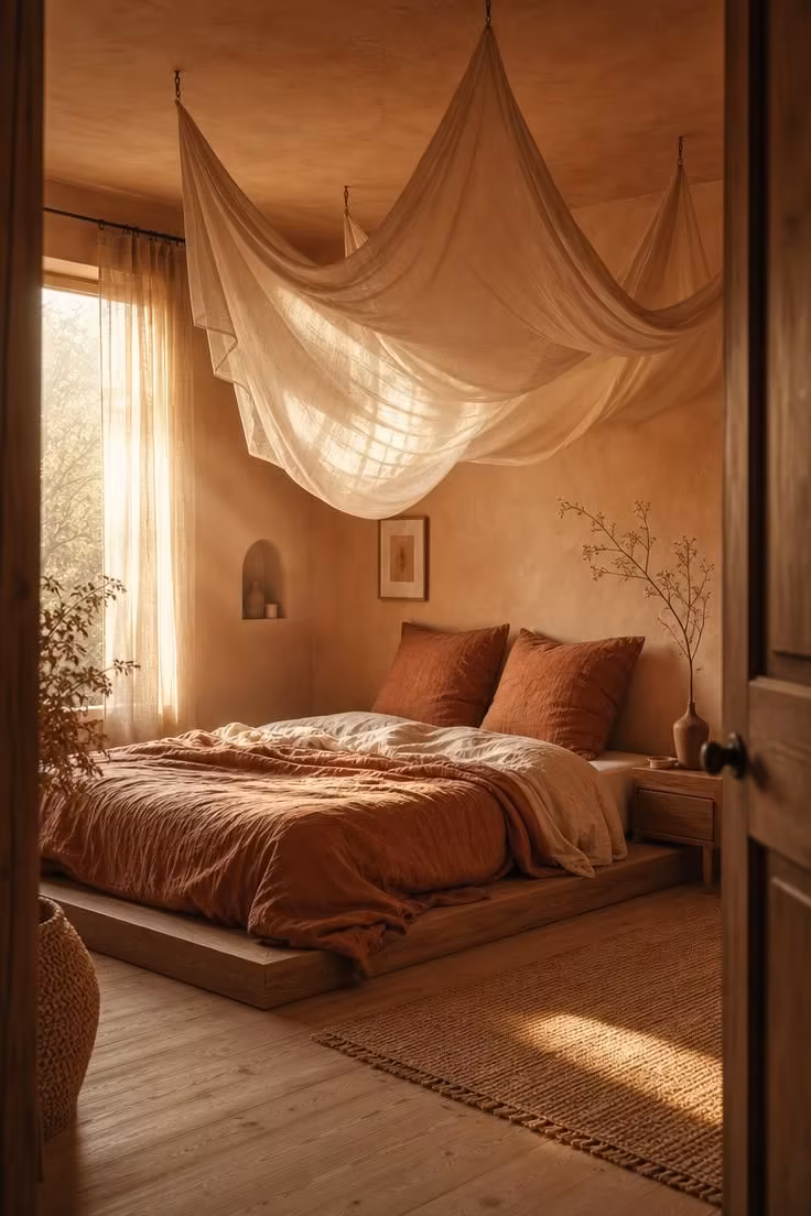 Bedroom with gauze canopy and cinnamon-toned linen bedding layers in warm afternoon light