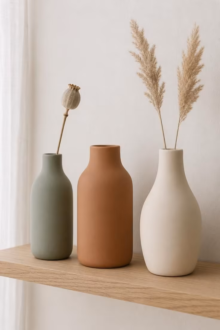 Three matte ceramic vases in sage, clay, and ecru on a floating oak shelf in soft light