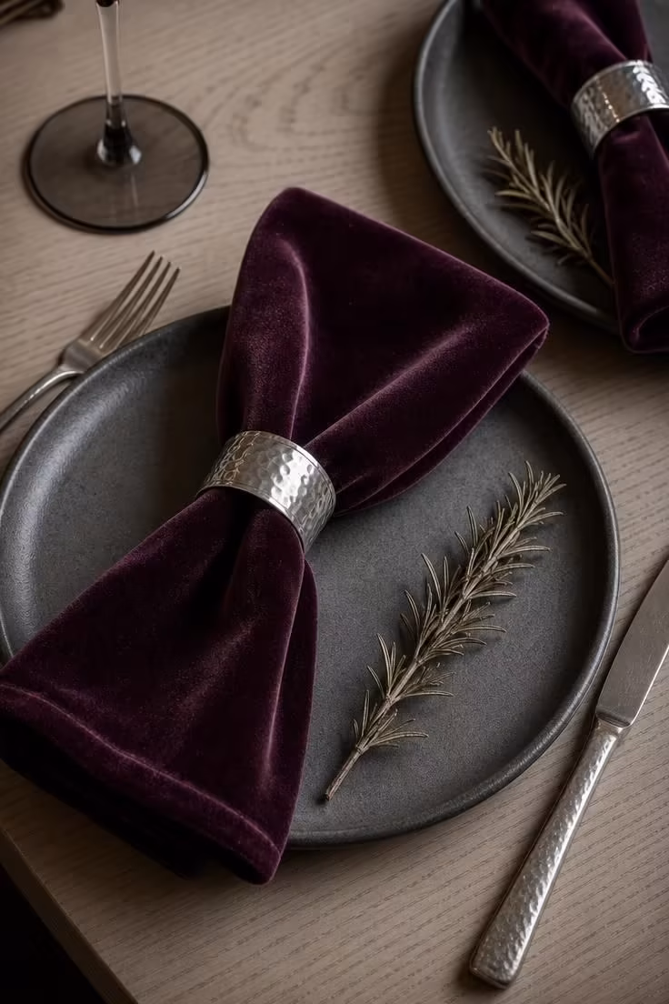 Deep plum velvet napkin with hammered silver ring on a white oak table in moody light