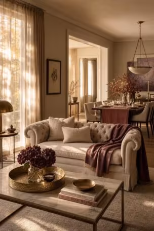 Open-plan living and dining area styled with elegant fall decor in warm neutrals and muted seasonal tones