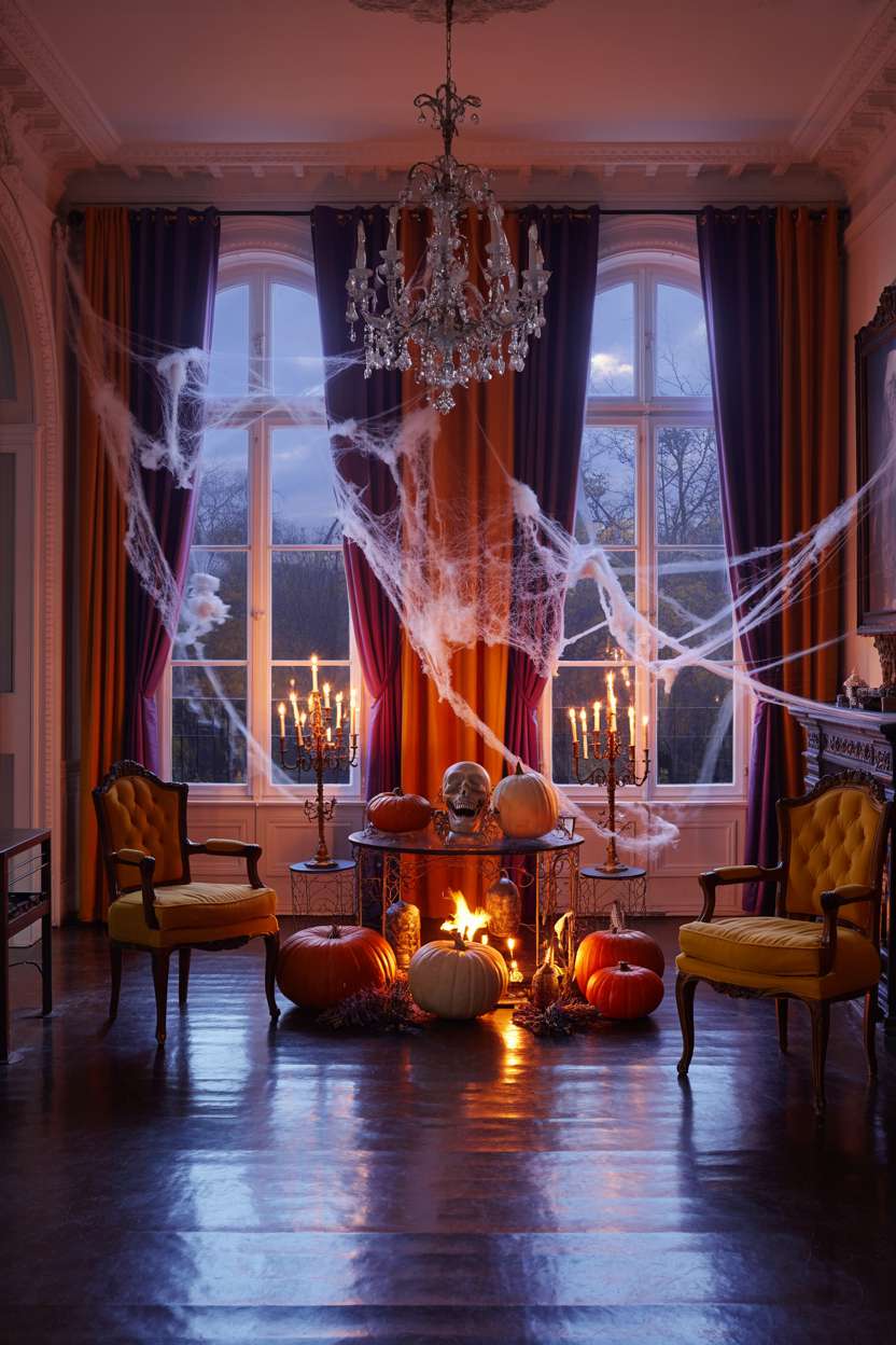 27 Elegant Halloween Decor Ideas for a Stylish Home Look 1 Victorian living room with ornate furniture draped in cobwebs, orange and purple velvet curtains, and flickering fireplace with Halloween decorations