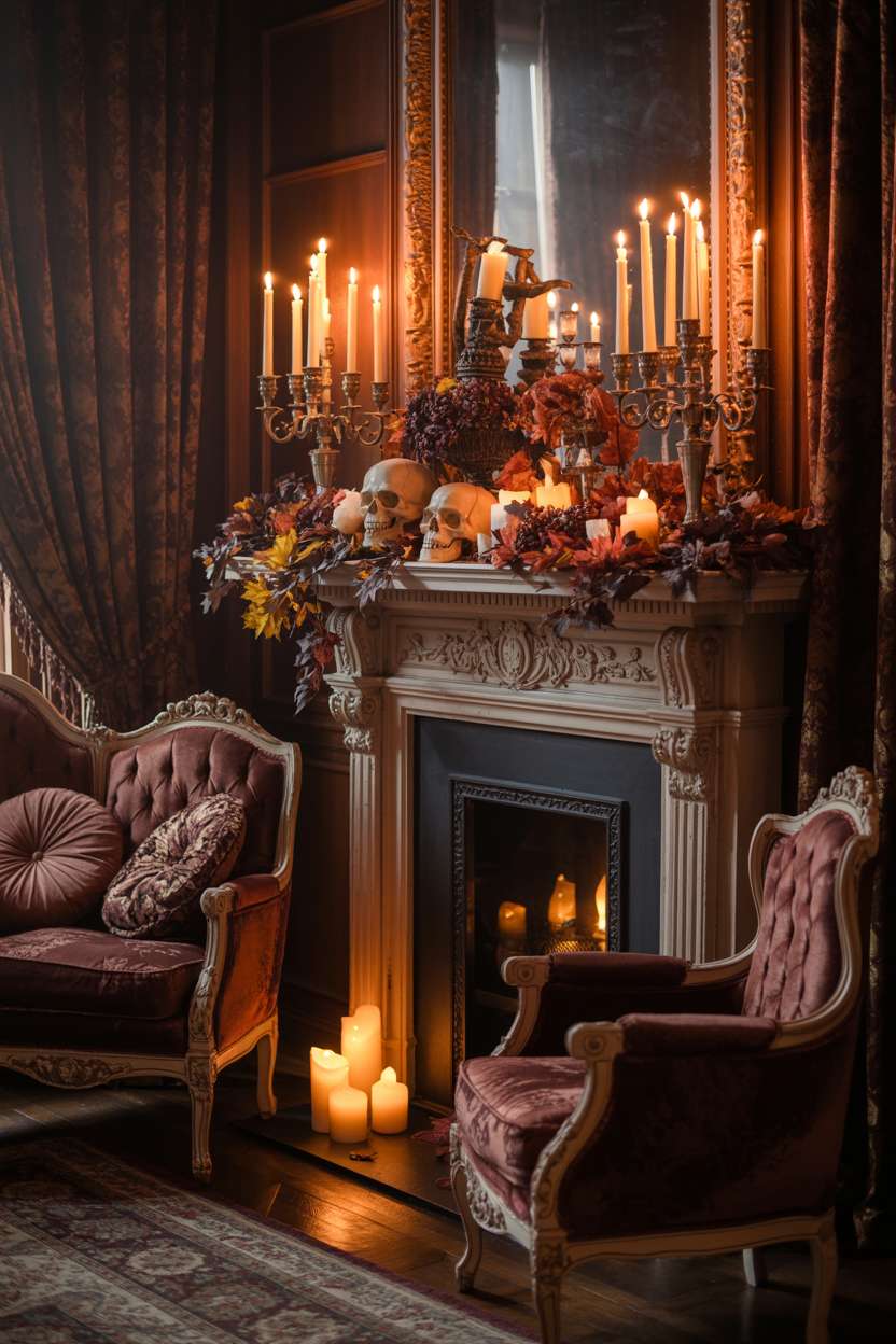 27 Elegant Halloween Decor Ideas for a Stylish Home Look 2 Ornate Victorian fireplace with gothic candelabras, antique skulls, and autumn foliage arrangement in candlelight