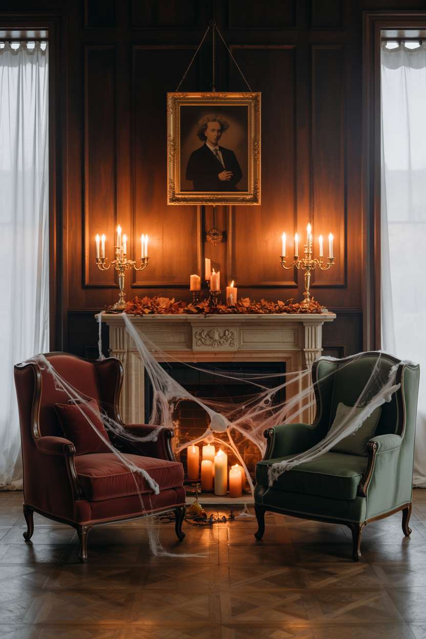 27 Elegant Halloween Decor Ideas for a Stylish Home Look 3 Elegant living room with burgundy and green velvet armchairs featuring spiderweb patterns and brass lamps