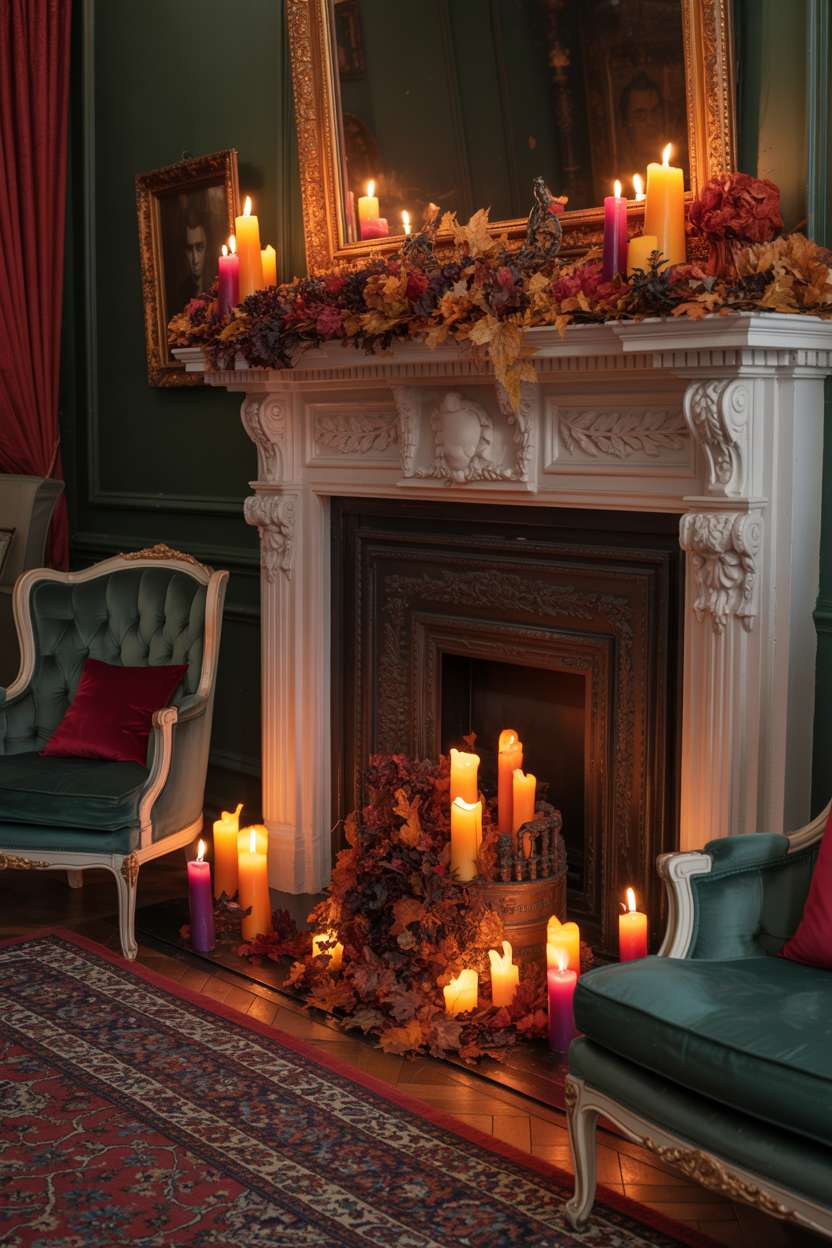 27 Elegant Halloween Decor Ideas for a Stylish Home Look 4 Victorian mansion living room with emerald, ruby, and sapphire furniture around a Persian rug with a spiderweb pattern