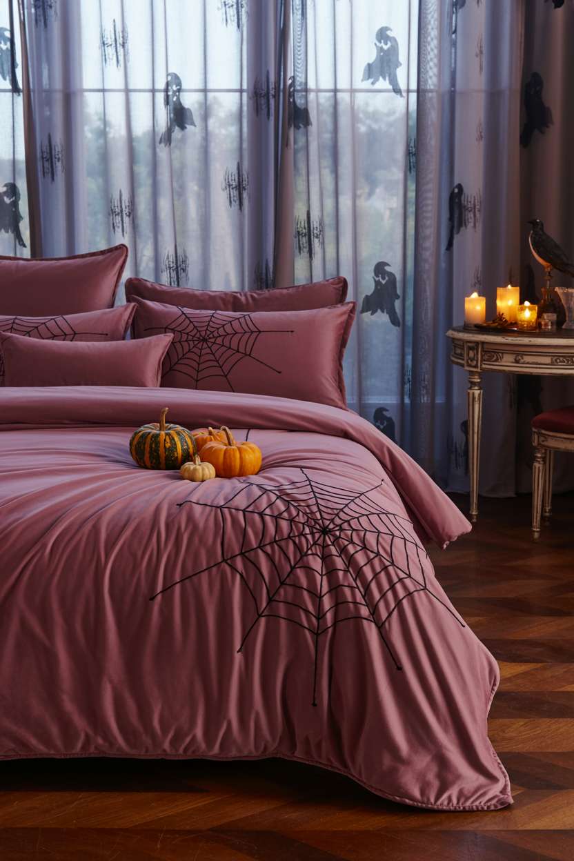 27 Elegant Halloween Decor Ideas for a Stylish Home Look 5 King-sized bed with burgundy velvet bedding, spiderweb embroidery, and miniature pumpkins with amber candlelight