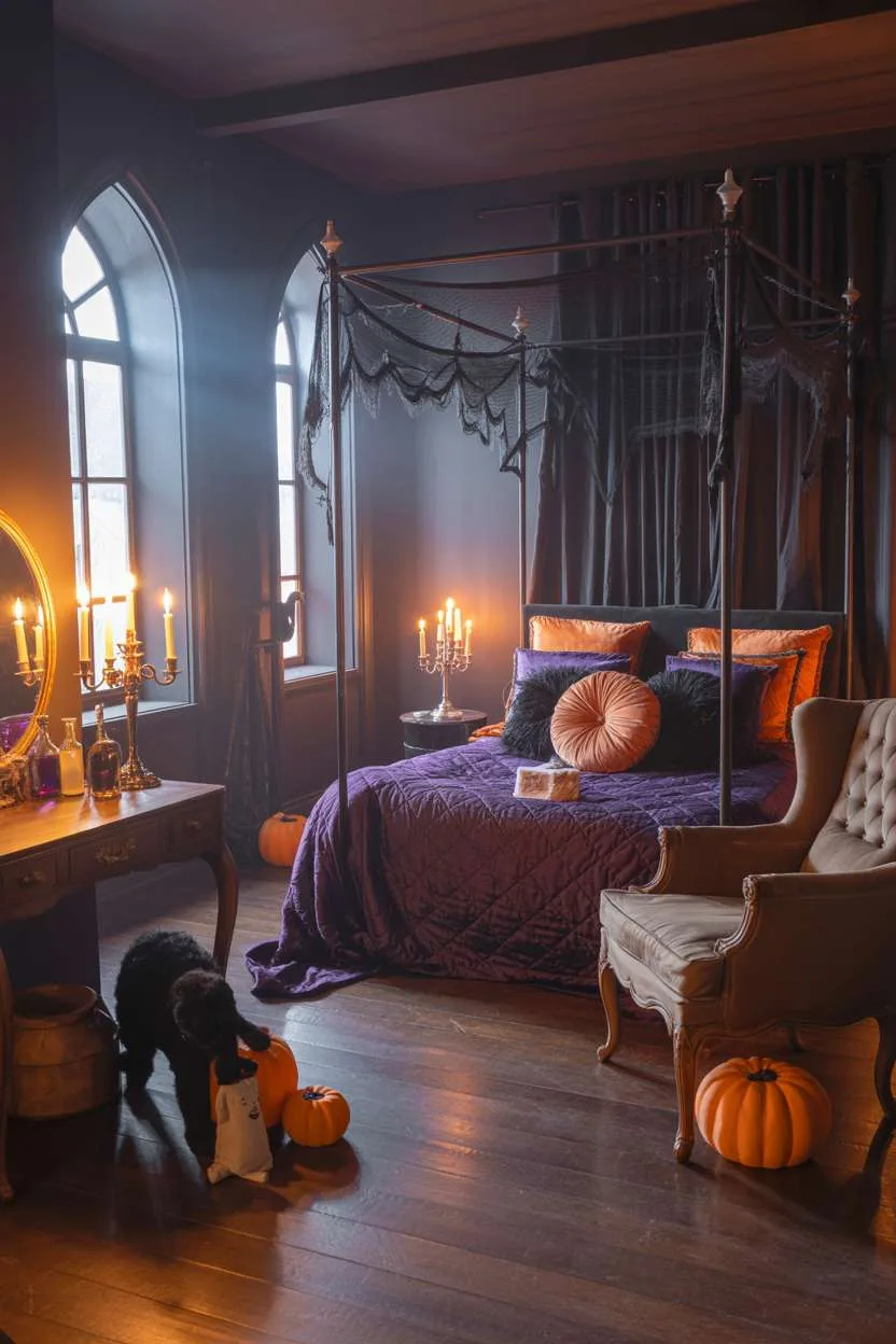 Four-poster bed with purple velvet draping, orange and black pillows, and gothic arched windows with moonlight