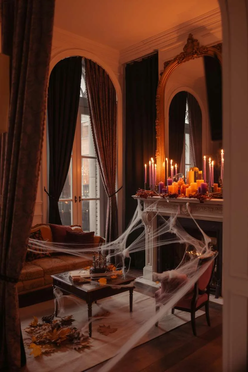 Living room with ornate fireplace, burgundy and black velvet curtains, and antique furniture with cobweb details