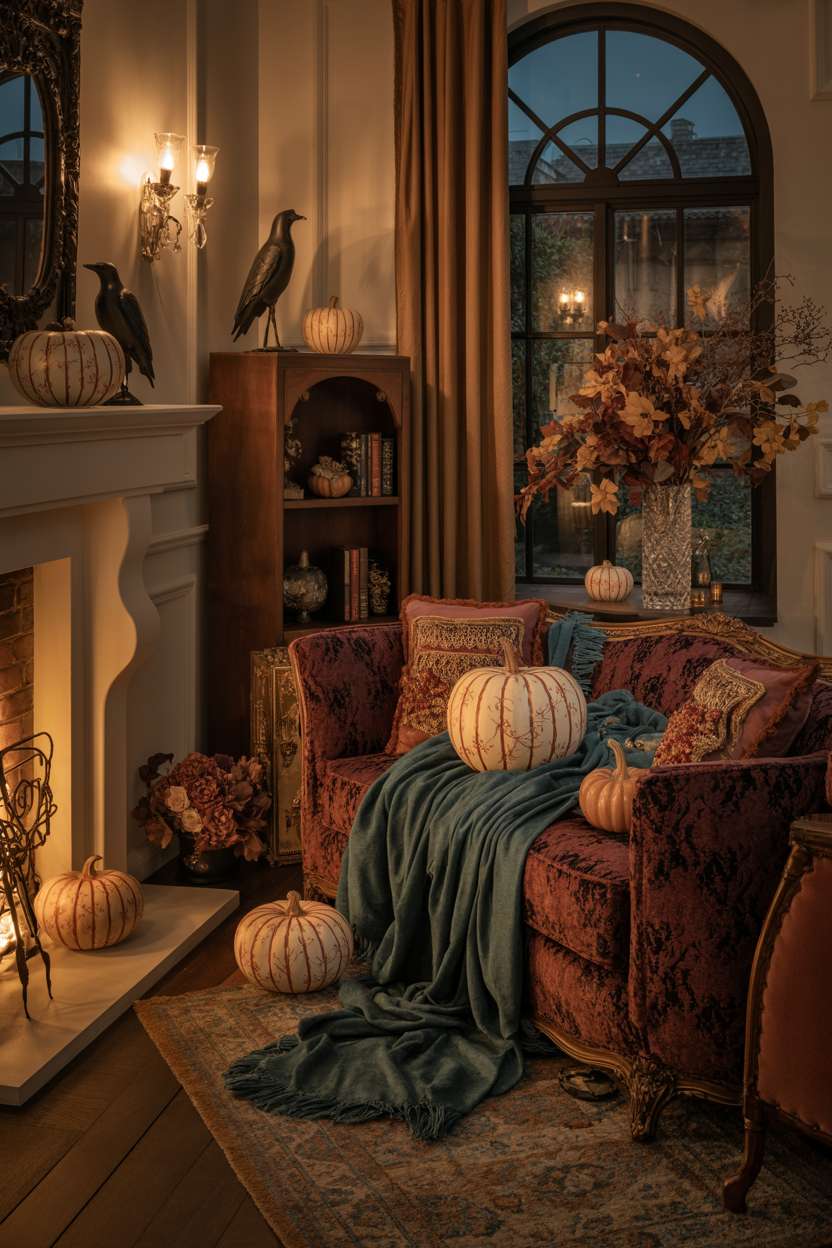 27 Elegant Halloween Decor Ideas for a Stylish Home Look 8 Living room with amber sconces, antique furniture in burgundy and teal velvet, hand-painted porcelain pumpkins, and carved wooden crows