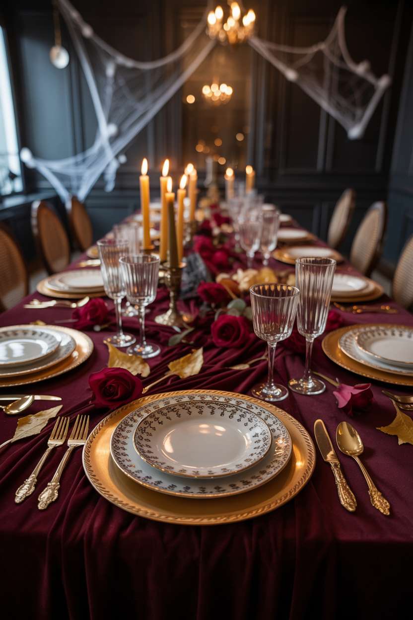 27 Elegant Halloween Decor Ideas for a Stylish Home Look 9 Dining table with burgundy velvet cloth, antique china with black lace patterns, crimson roses, and amber candles