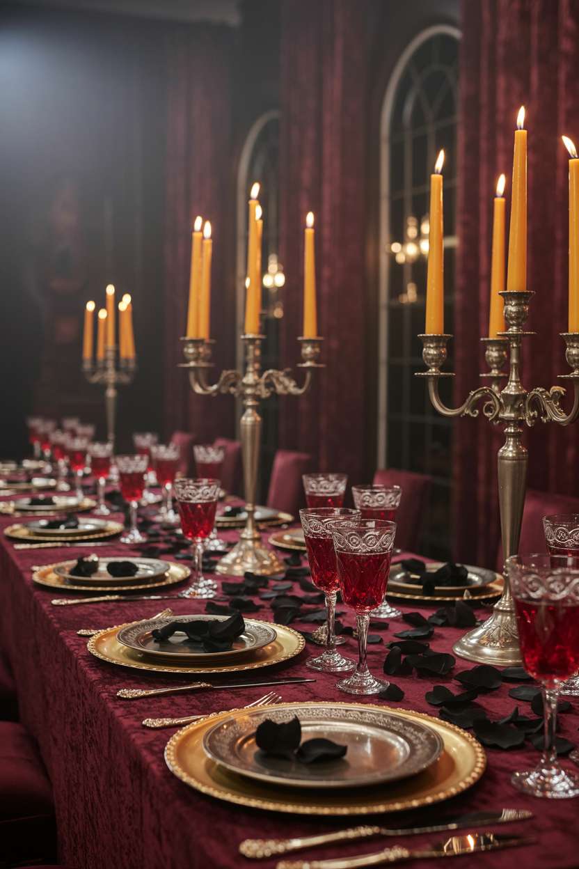 27 Elegant Halloween Decor Ideas for a Stylish Home Look 10 Elegant dining table in ballroom with burgundy velvet, silver candelabras, black rose petals, and ruby-red goblets