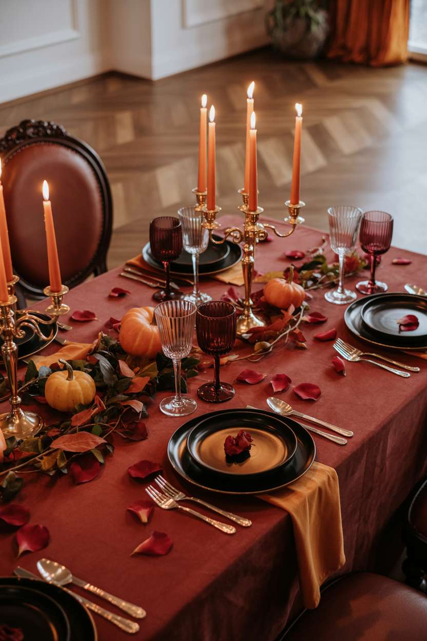 27 Elegant Halloween Decor Ideas for a Stylish Home Look 11 Halloween dining table with gold candelabras, black china, silver cutlery, burgundy wine glasses, and autumn leaf garland