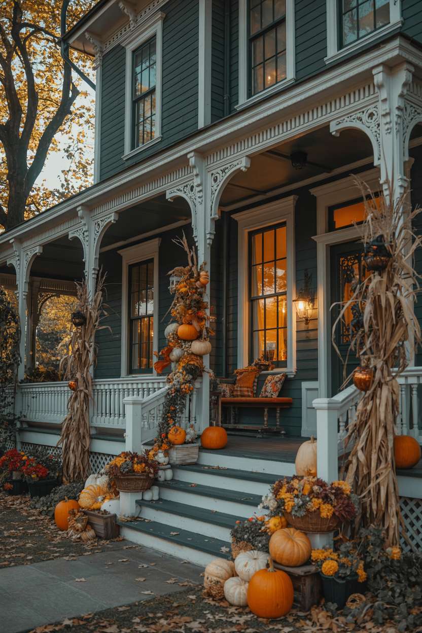 27 Elegant Halloween Decor Ideas for a Stylish Home Look 12 Victorian house with dark teal siding, ornate porch decorated with pumpkins, gourds, and corn stalks in afternoon light