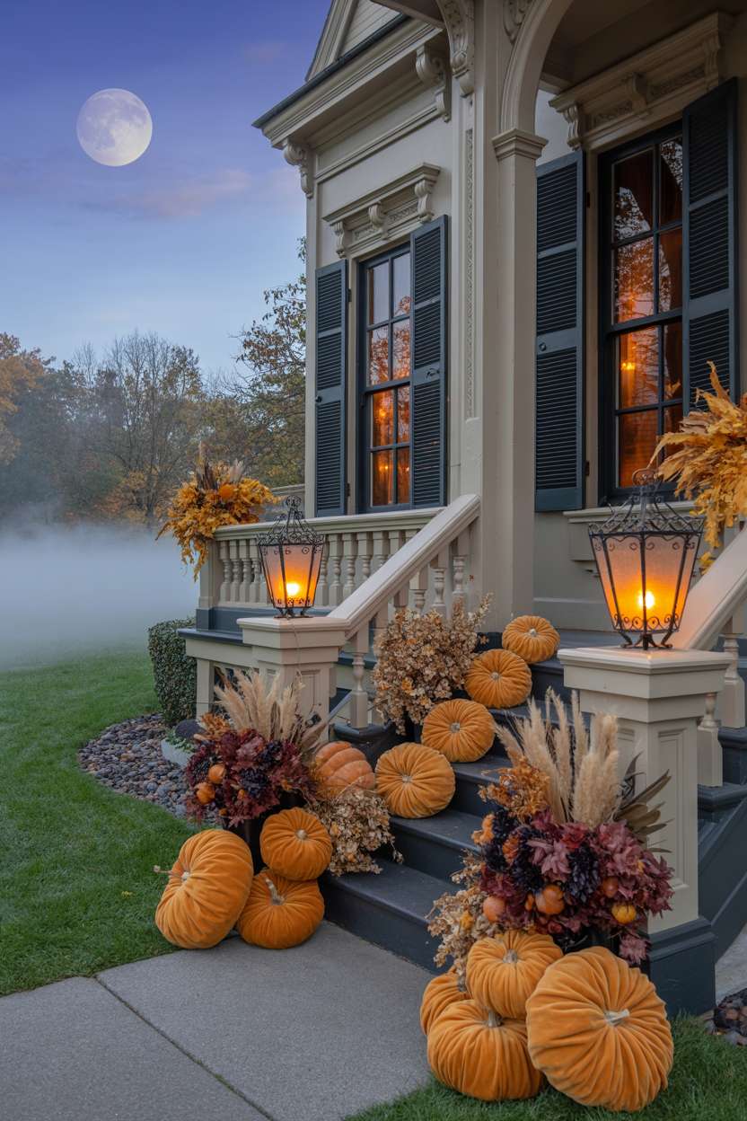 27 Elegant Halloween Decor Ideas for a Stylish Home Look 13 Victorian porch with orange velvet pumpkins, dried wheat, burgundy leaves, wrought-iron lanterns, and moonlit fog