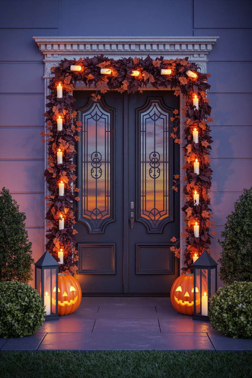 27 Elegant Halloween Decor Ideas for a Stylish Home Look 14 Victorian front door with orange and burgundy leaf garland, LED candles, vintage lanterns with carved pumpkins