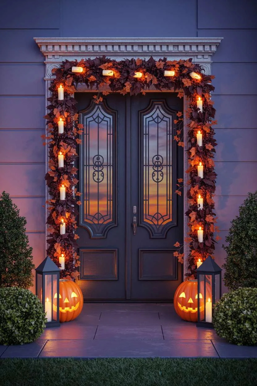 Victorian front door with orange and burgundy leaf garland, LED candles, vintage lanterns with carved pumpkins