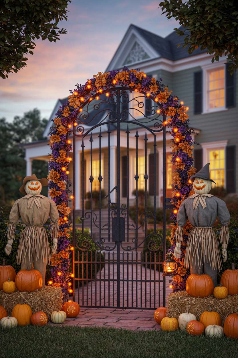 27 Elegant Halloween Decor Ideas for a Stylish Home Look 15 Elaborate porch with wrought iron gate, orange and purple garlands, fairy lights, and life-sized scarecrows with Victorian house backdrop