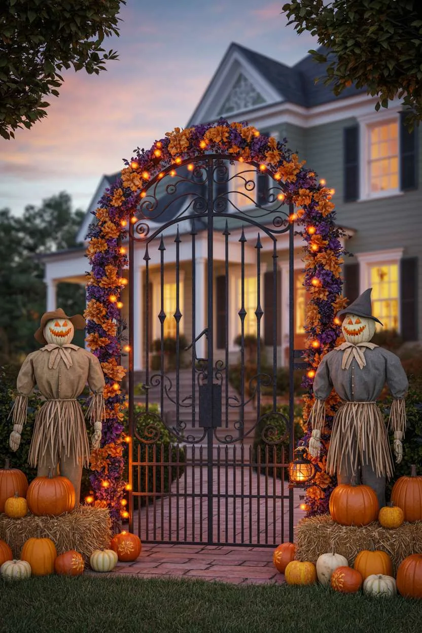 Elaborate porch with wrought iron gate, orange and purple garlands, fairy lights, and life-sized scarecrows with Victorian house backdrop