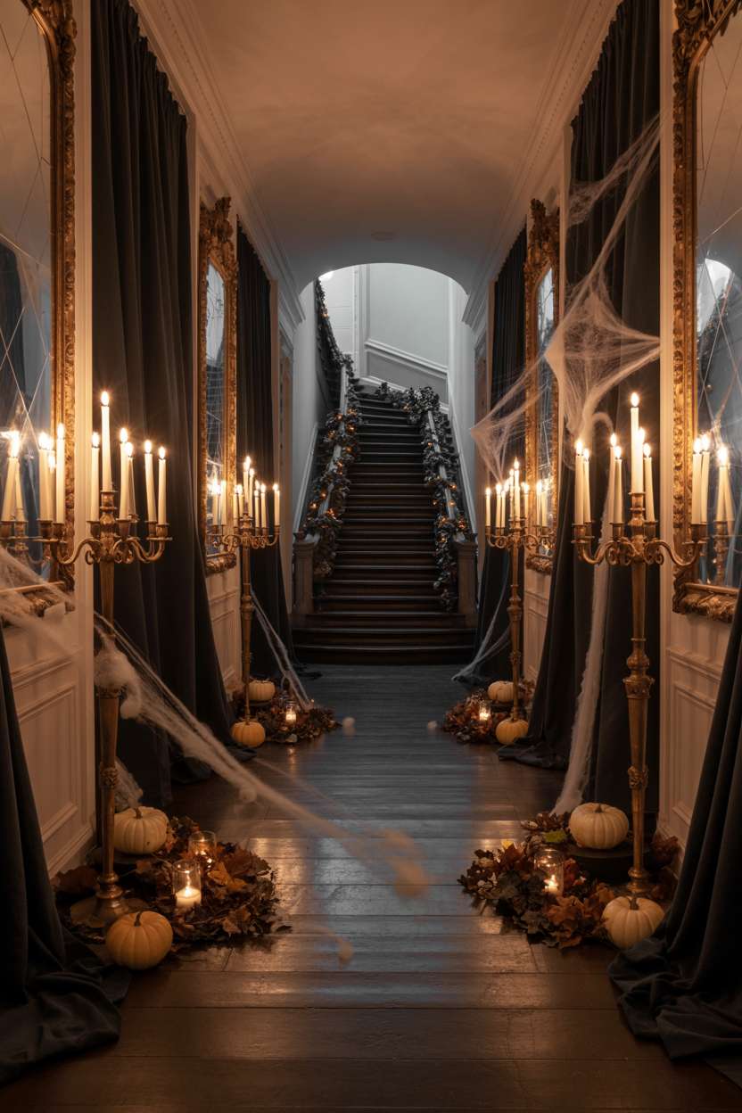 27 Elegant Halloween Decor Ideas for a Stylish Home Look 16 Long hallway with ornate mirrors, cobwebs, velvet curtains, candelabras, and a spiral staircase with dried leaf garlands