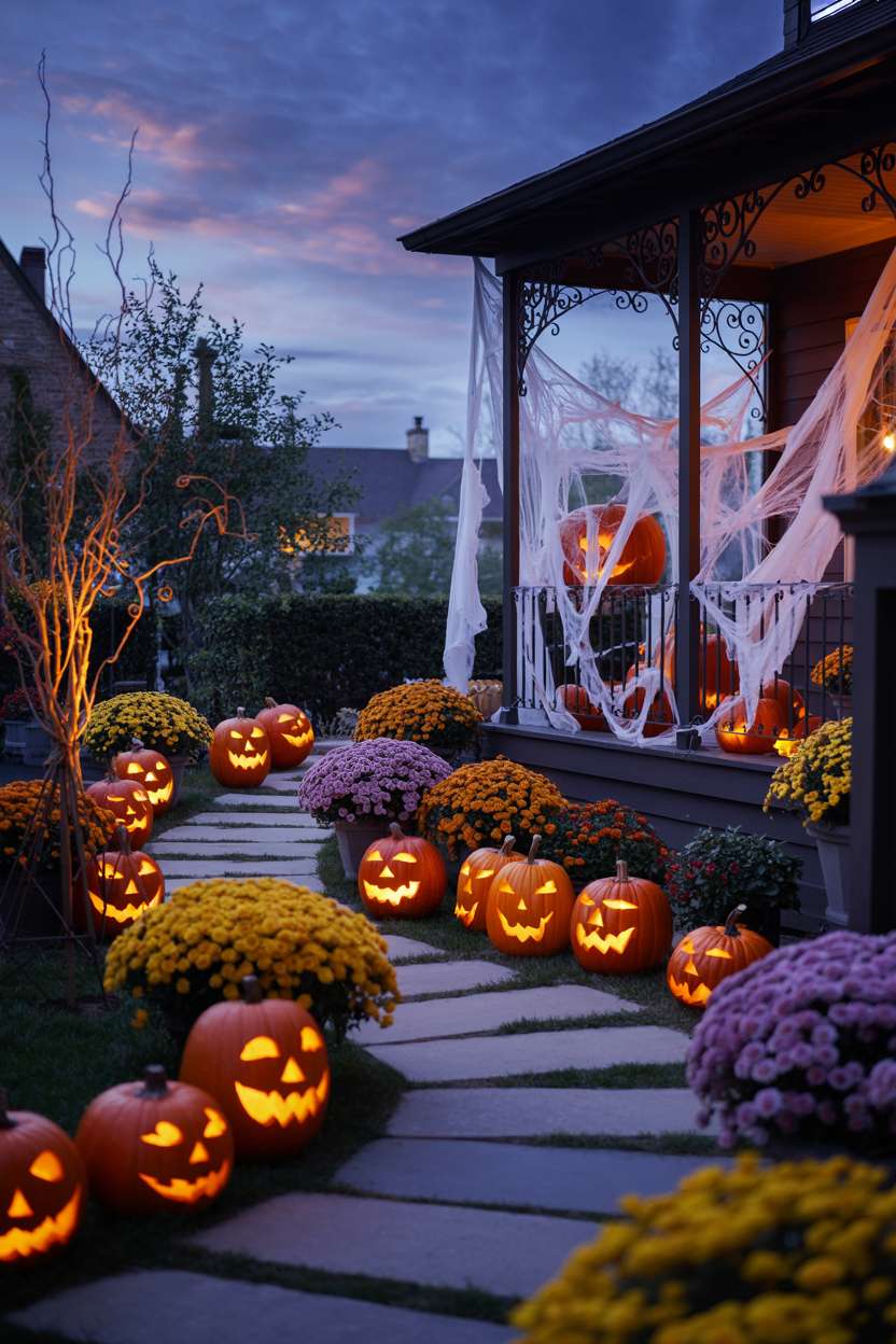 27 Elegant Halloween Decor Ideas for a Stylish Home Look 17 Backyard with glowing jack-o'-lanterns along a stone pathway, orange and purple mums, wrought-iron spiderwebs, and ghostly fabric
