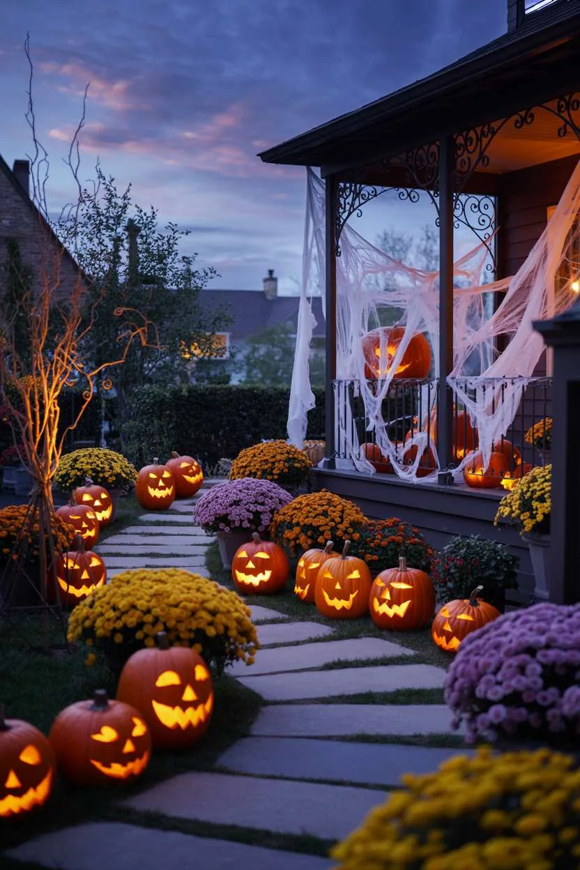 Backyard with glowing jack-o'-lanterns along a stone pathway, orange and purple mums, wrought-iron spiderwebs, and ghostly fabric