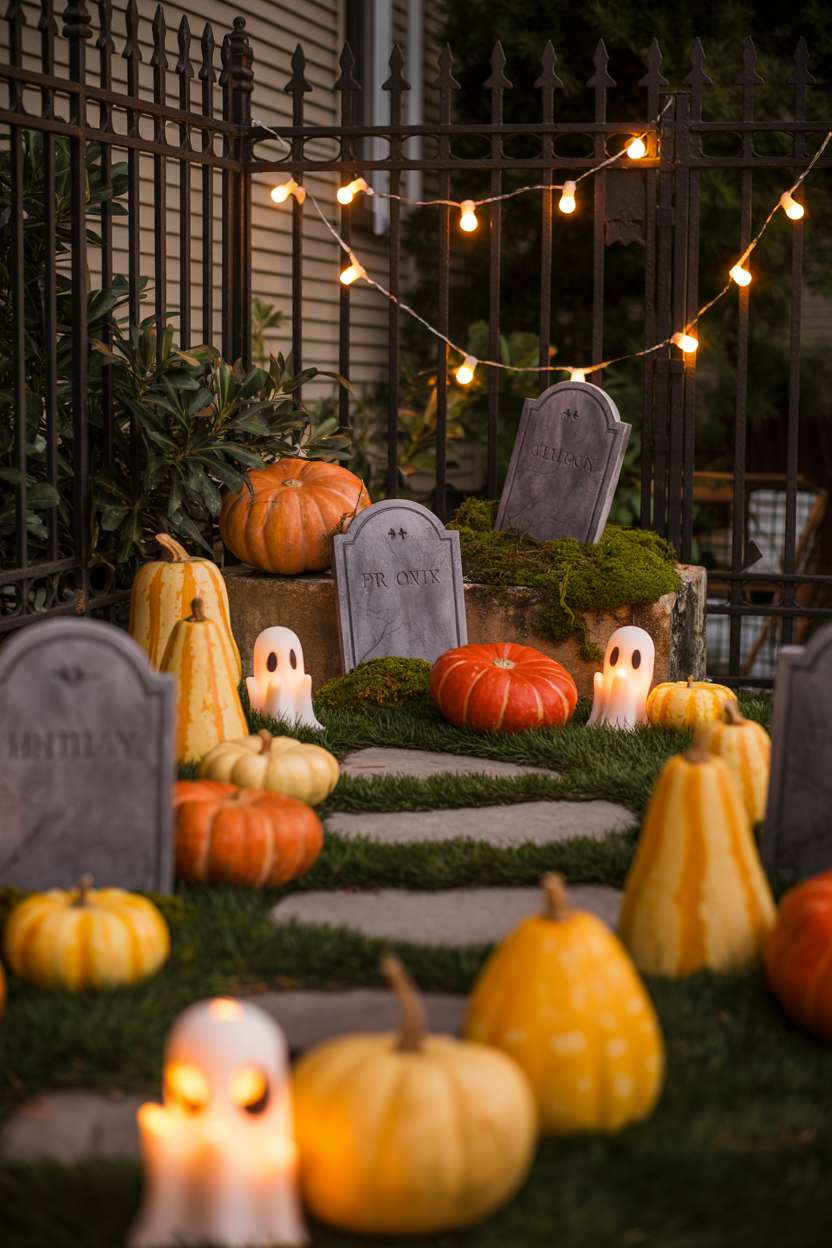 27 Elegant Halloween Decor Ideas for a Stylish Home Look 18 Small backyard with miniature tombstones, glowing pumpkins, string lights on wrought-iron fence, and moss-covered decorations