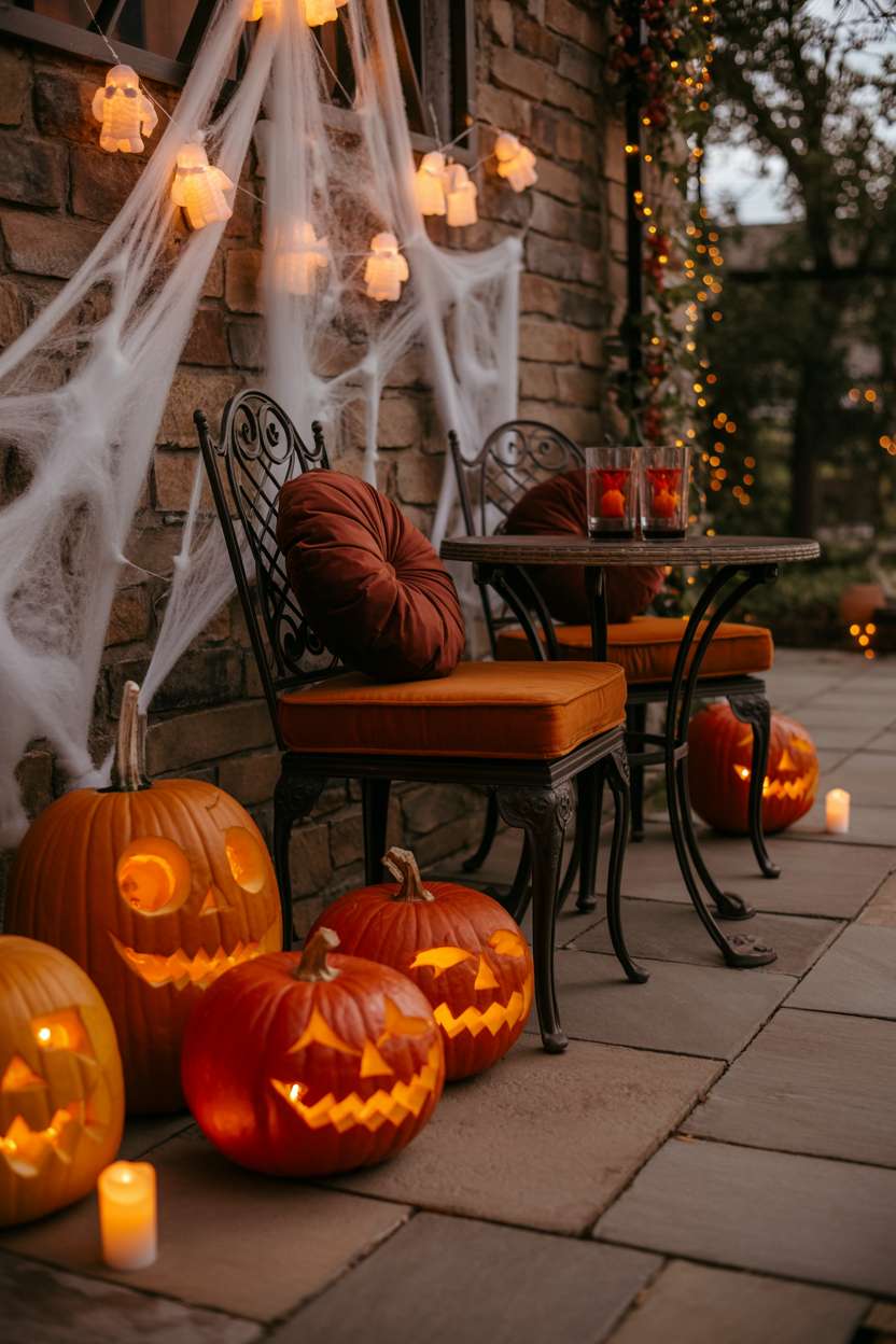 27 Elegant Halloween Decor Ideas for a Stylish Home Look 19 Stone patio with carved pumpkins, LED candles in brass lanterns, wrought-iron bistro set with velvet cushions, and ghost string lights