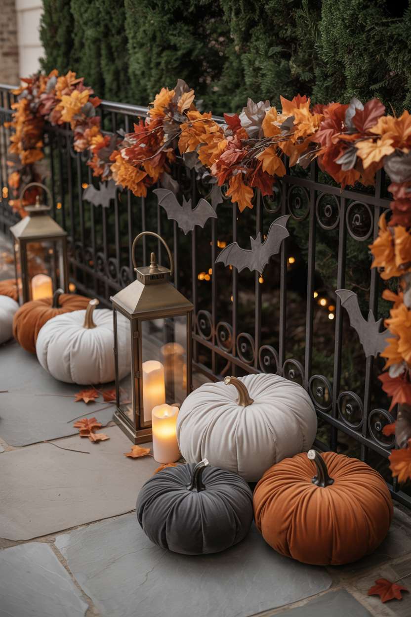 27 Elegant Halloween Decor Ideas for a Stylish Home Look 20 Patio with pumpkins in orange, white, and gray, antique brass lanterns, autumn leaf, and bat garland on railing