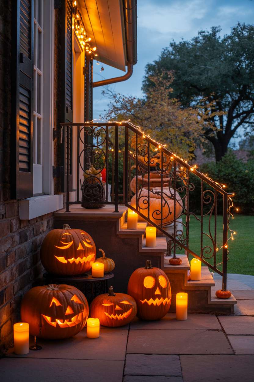 27 Elegant Halloween Decor Ideas for a Stylish Home Look 21 Stone patio with carved pumpkins and orange candles, fairy lights cascading from house eaves and wrapping railings