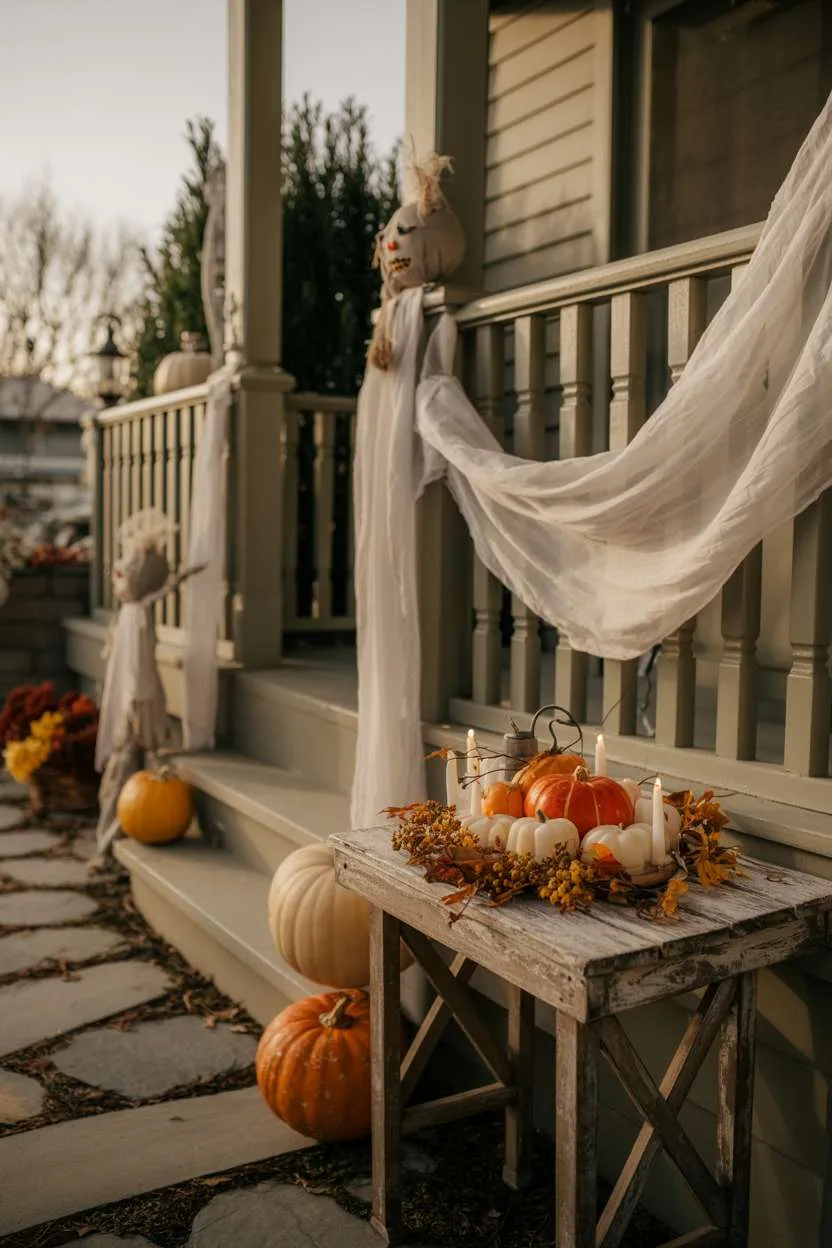 Small wooden table with miniature pumpkin arrangement, LED candles, dried autumn leaves, and ghostly fabric on porch railing